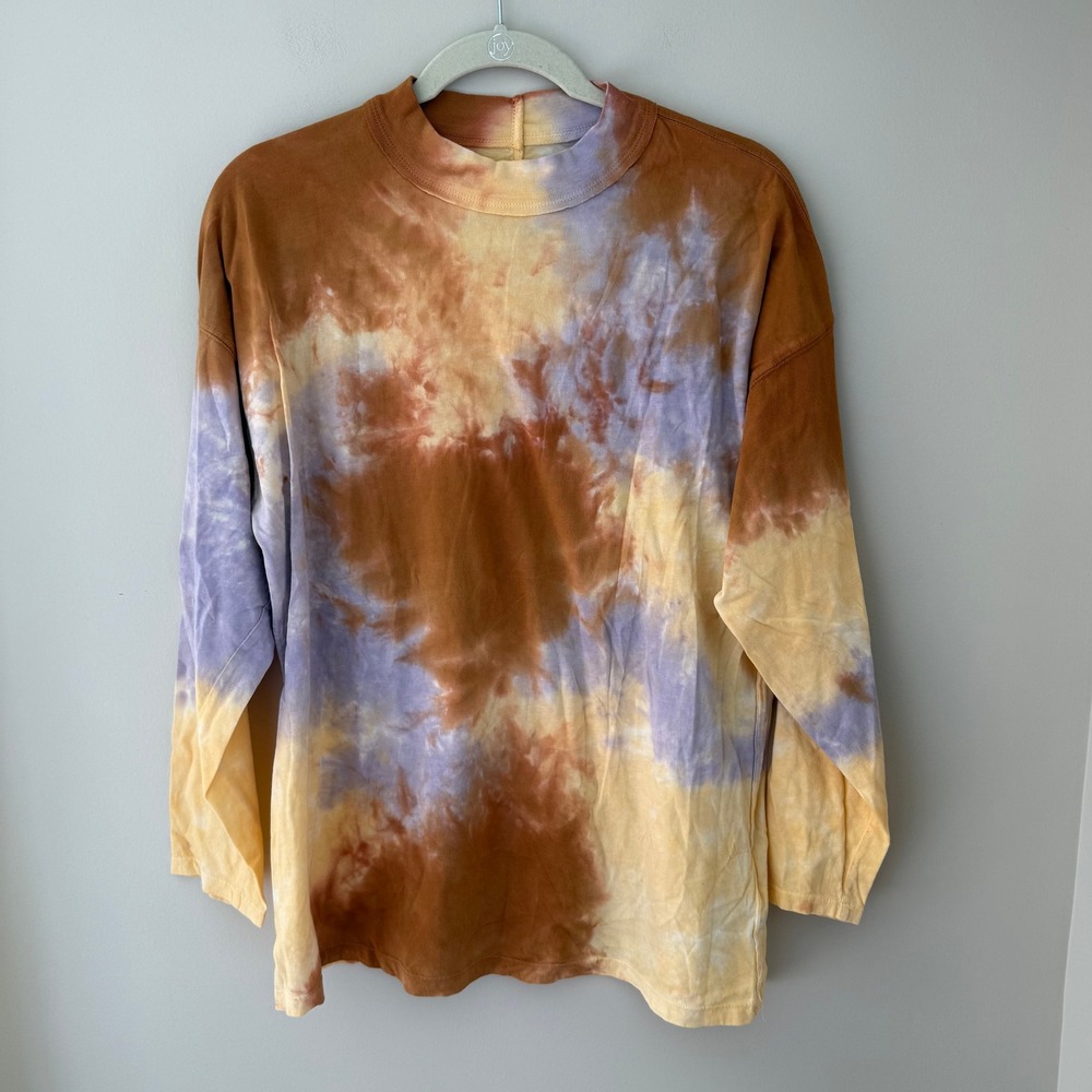 We The Free People Tie Dye Long Sleeve‎ Oversized Cotton Tee Brown Purple XS